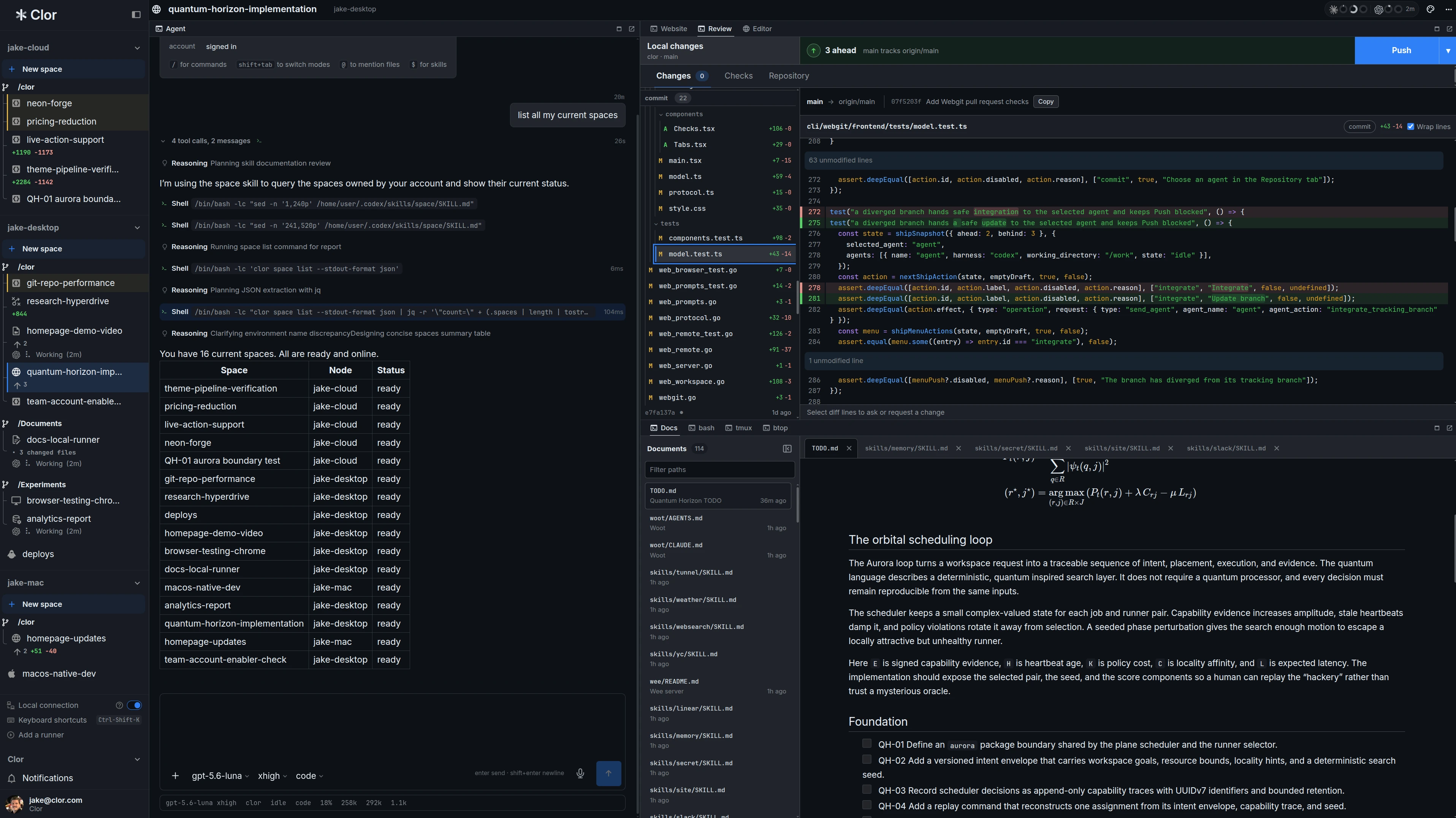 A Clor space with an agent, code review, documents, and terminal panes open together