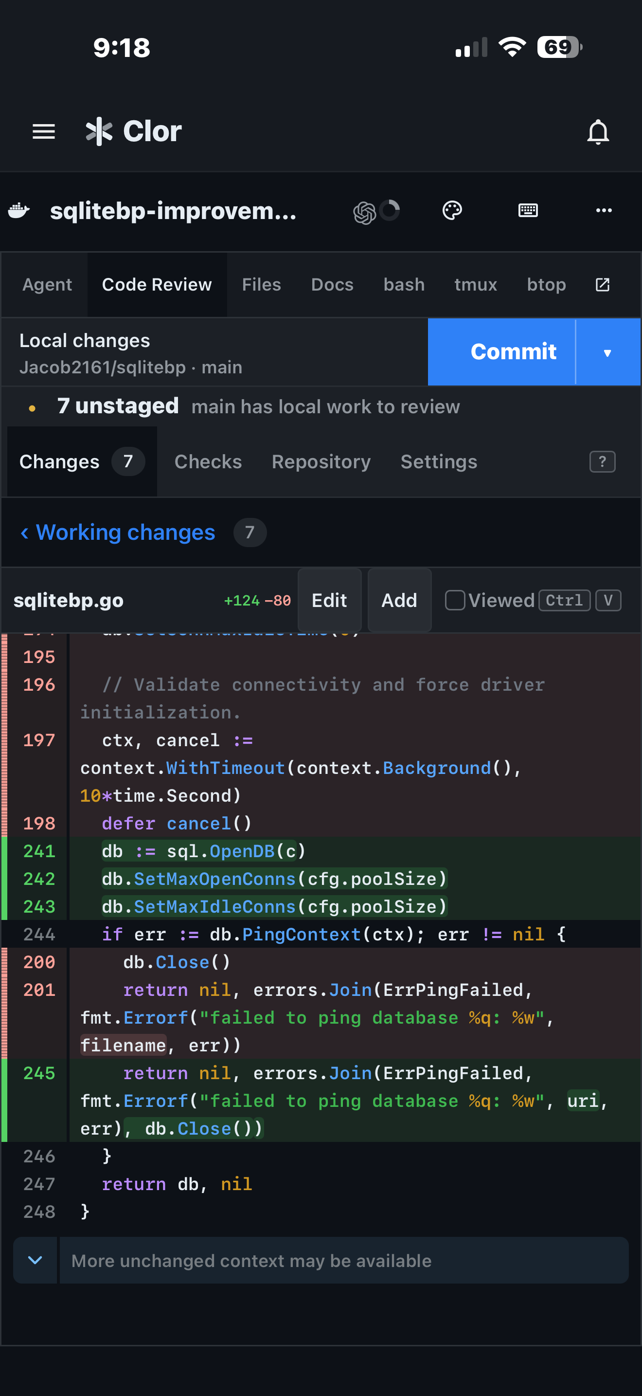The Clor mobile Code Review interface showing working changes and a diff
