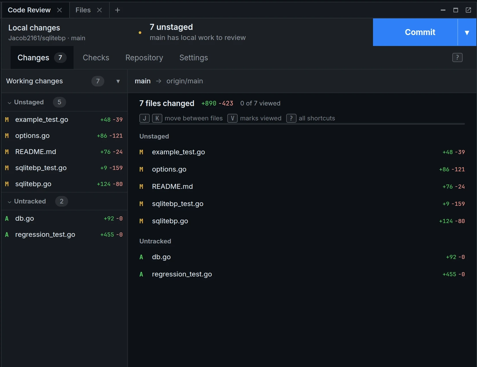 Code Review overview showing changed files and line counts