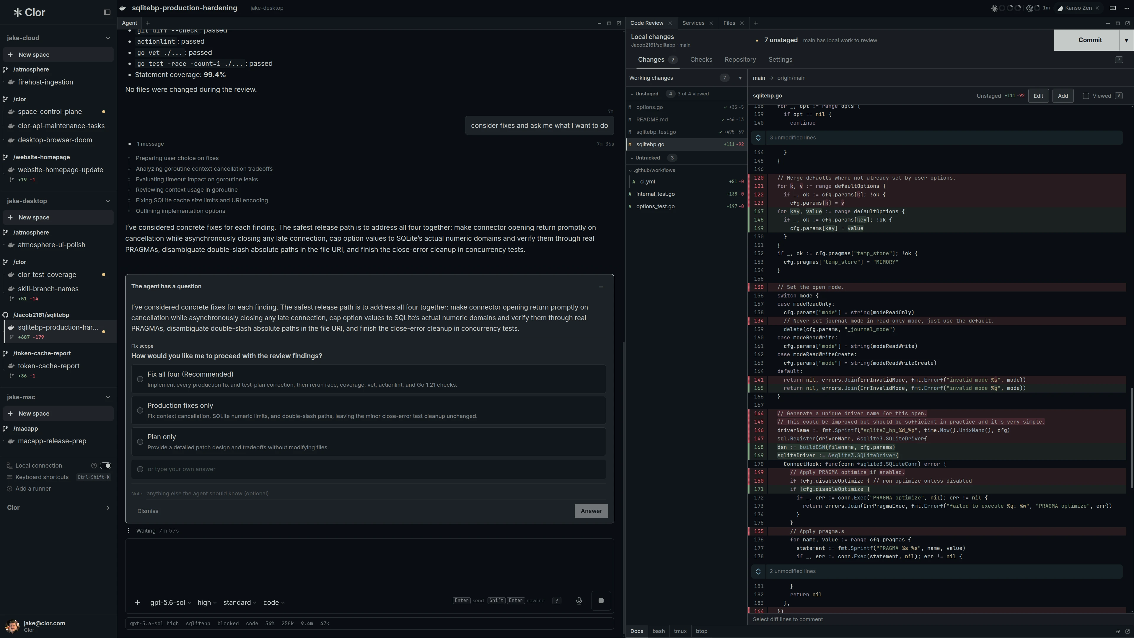 Claude Code and Codex sessions in isolated Clor containers with code review, documents, and terminals