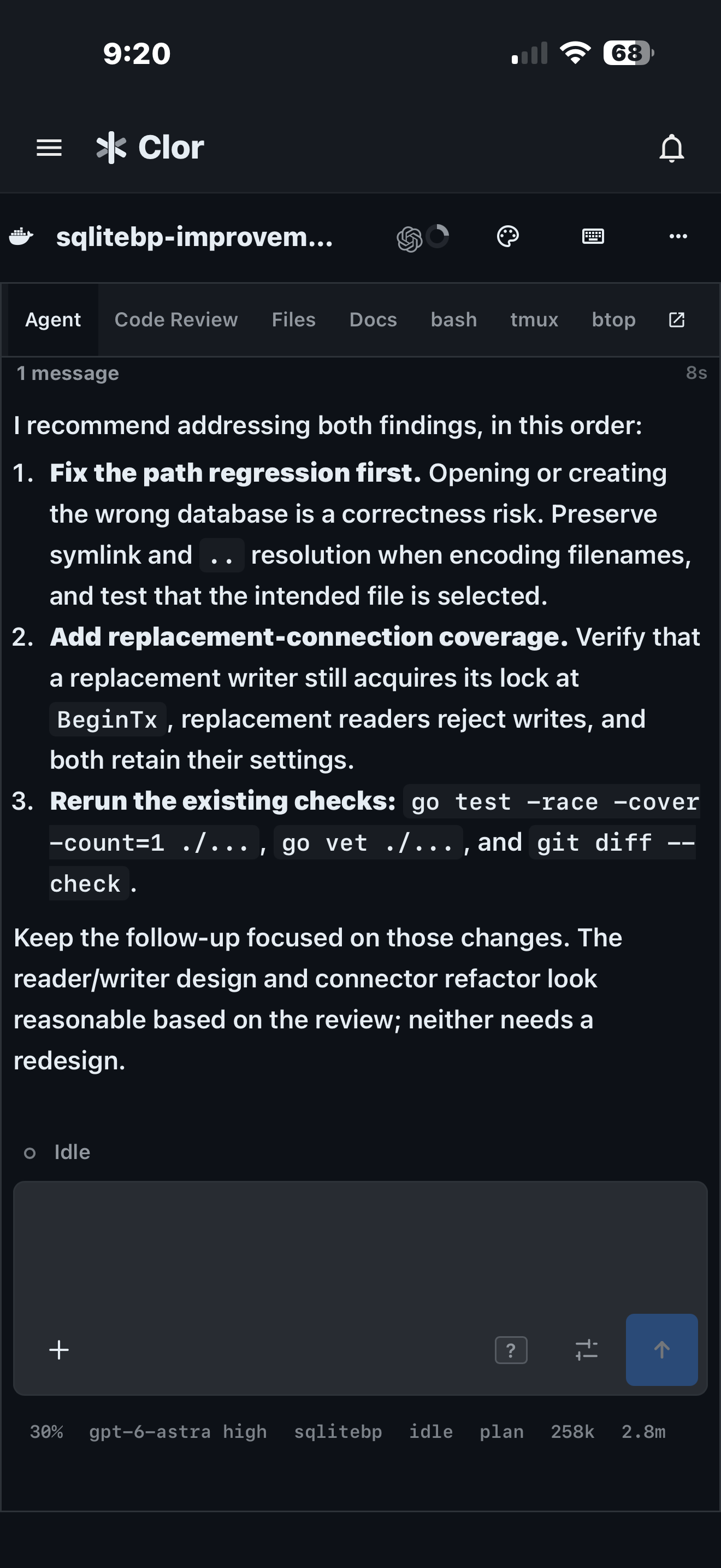 The Clor mobile agent interface showing a completed coding task and session controls