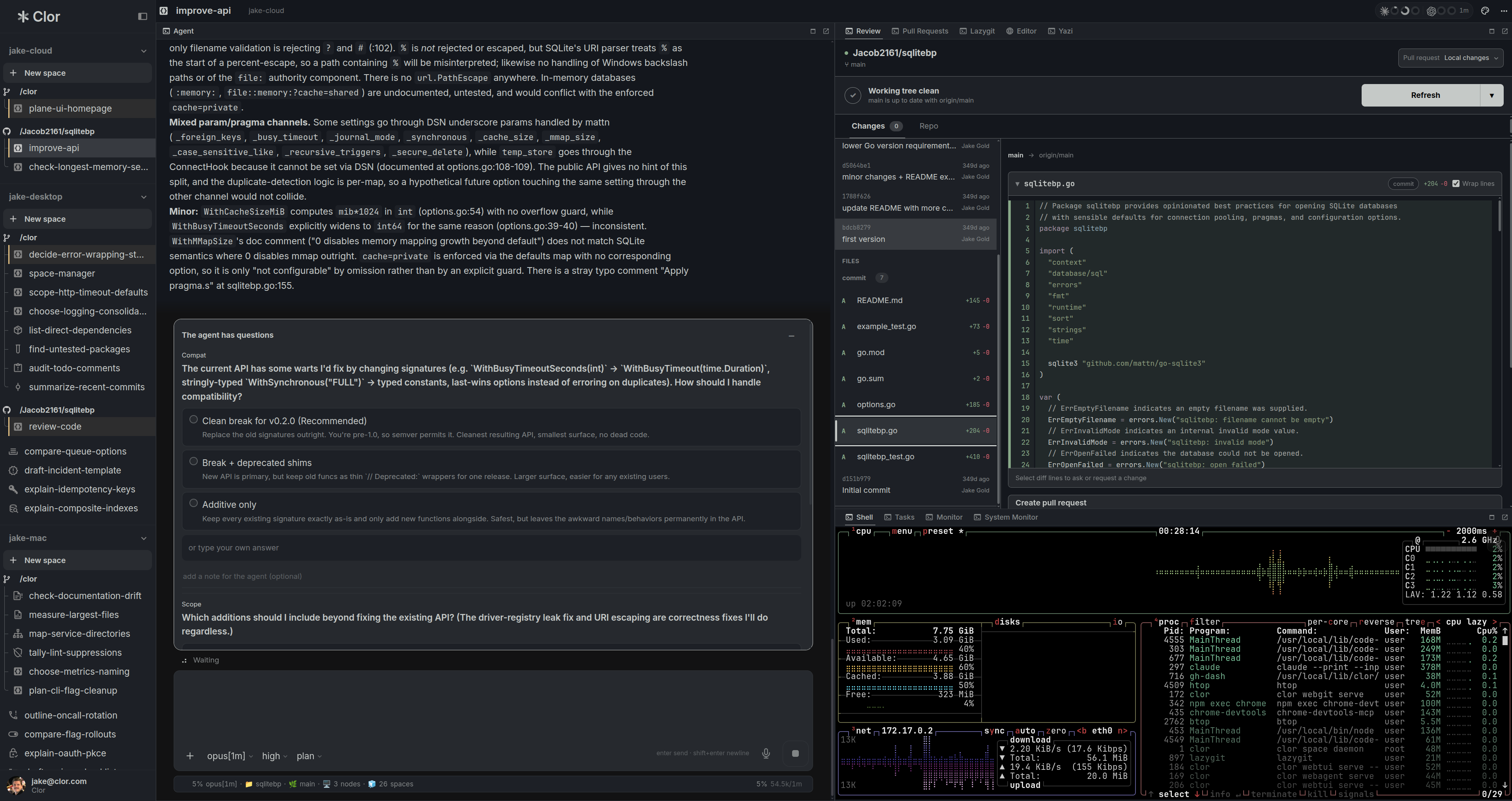 A Clor space with an agent answering API questions beside code review, shell, and system monitoring panes